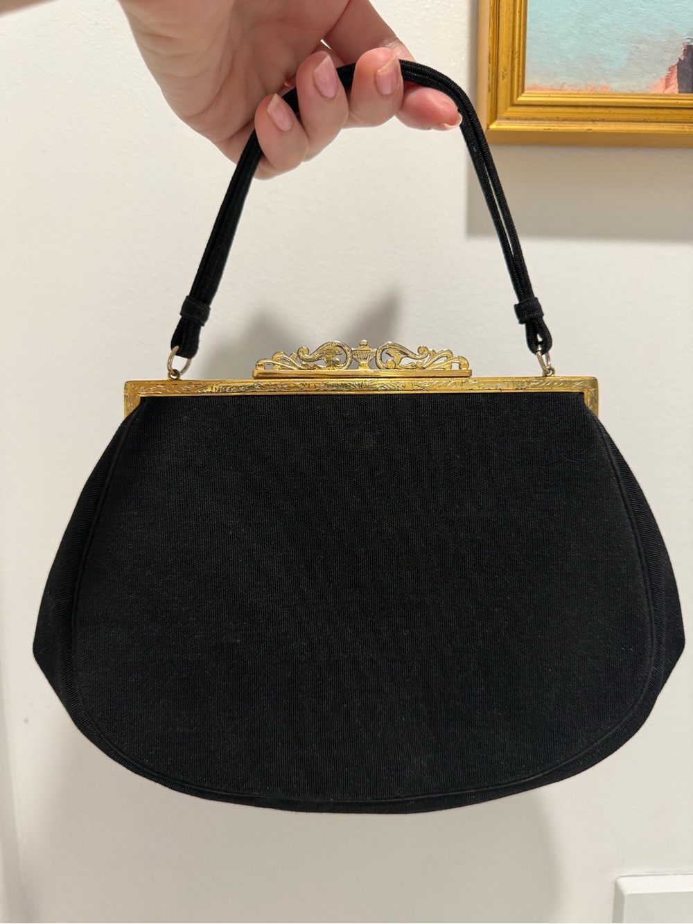 Nettie Rosenstein Vintage Black Gold Frame Evening Bag Handbag Purse
